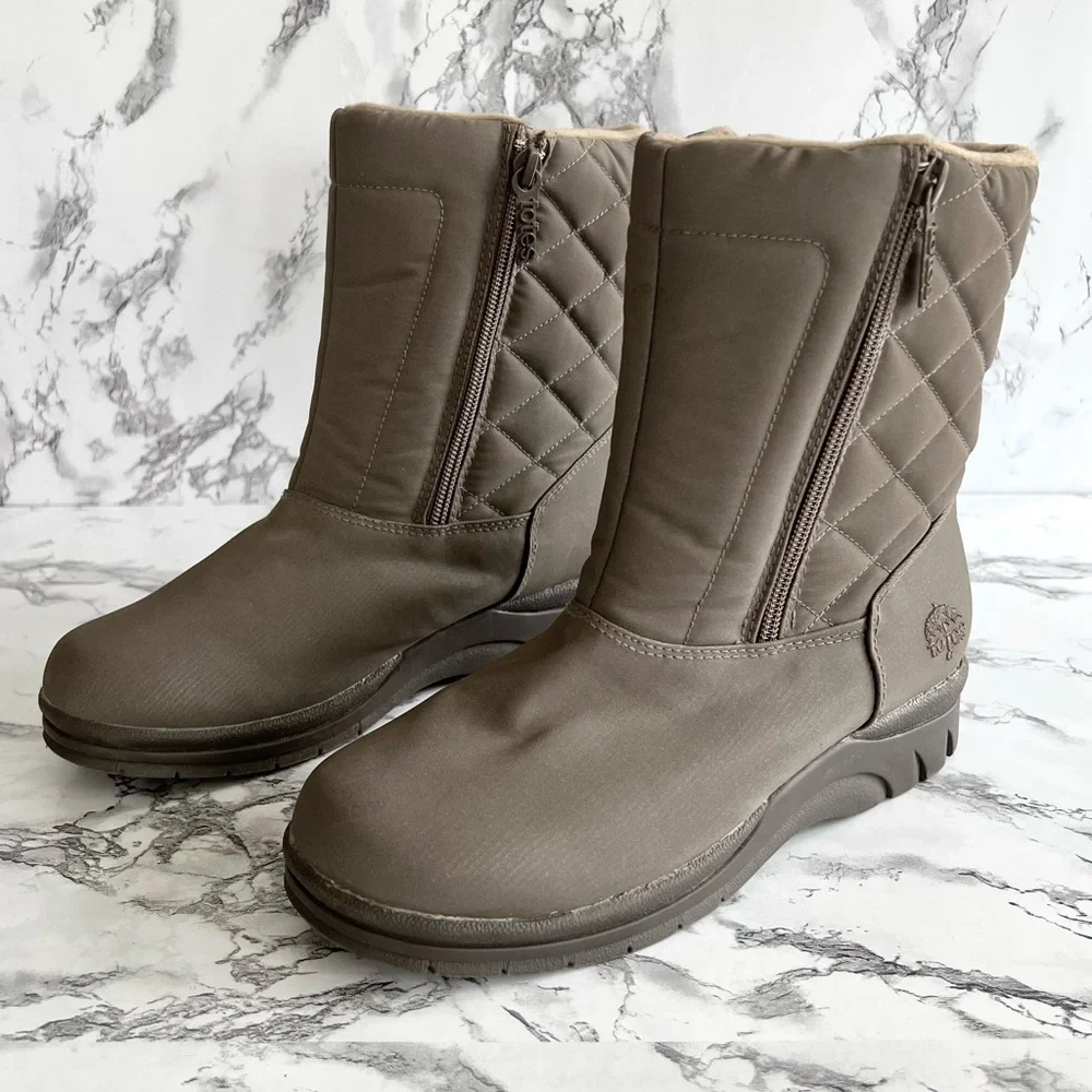 Totes Snow Boots Taupe Quilted Short Waterproof Winter 6